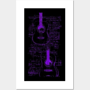 Purple Neon Da Vinci Acoustic guitar blueprint Posters and Art